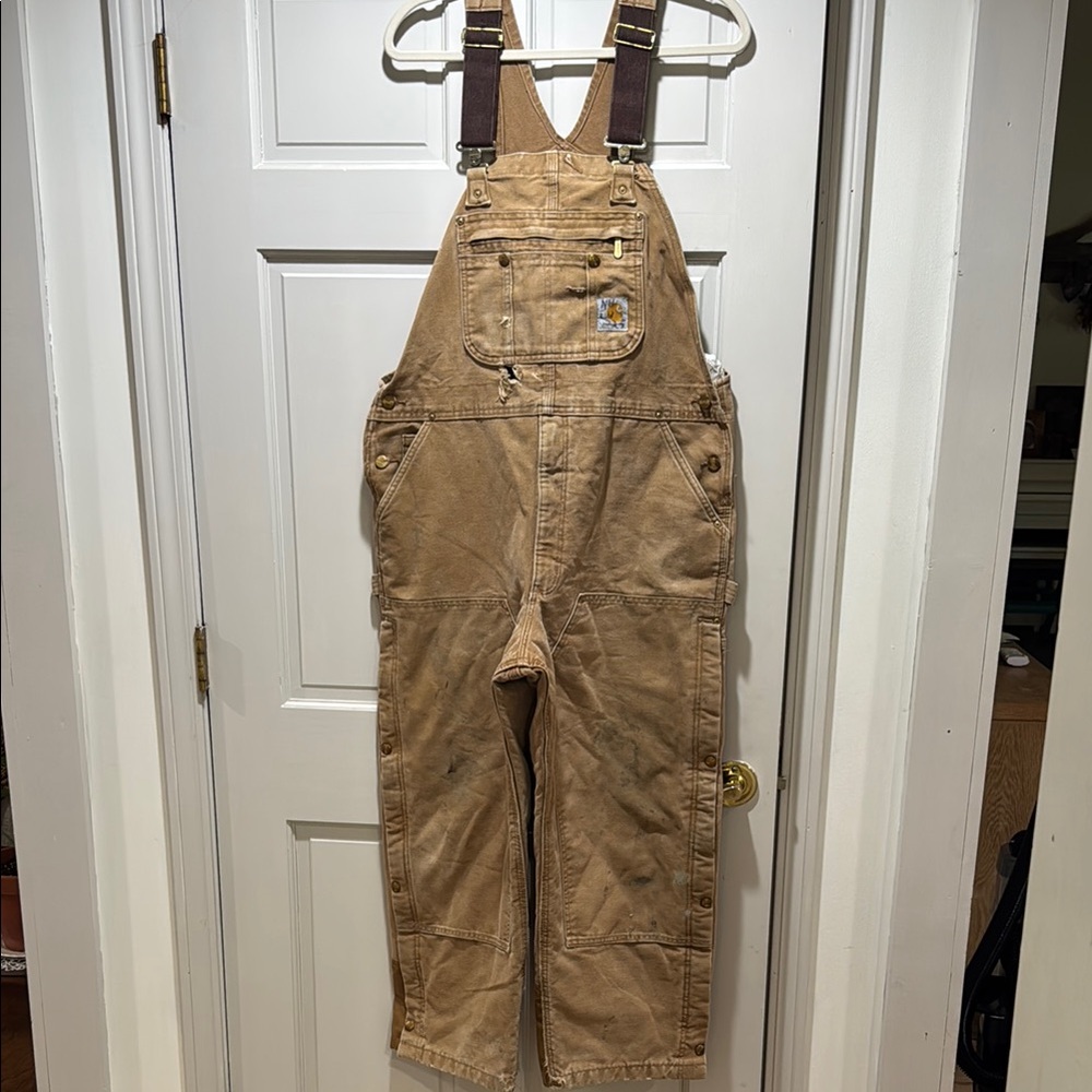 Vintage worn rugged Carhartt Tan Overalls with Red Lining vintage workwear!